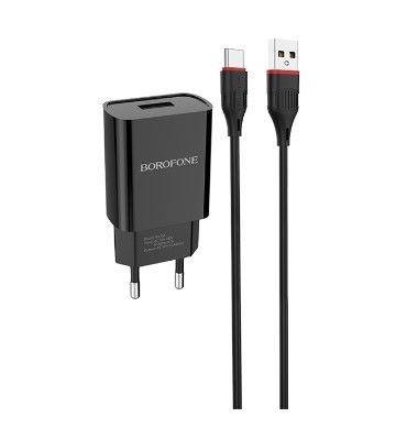 Зарядний пристрій Borofone BA20A Sharp Single USB 2.1A Black (BA20ACB) + кабель Type-C