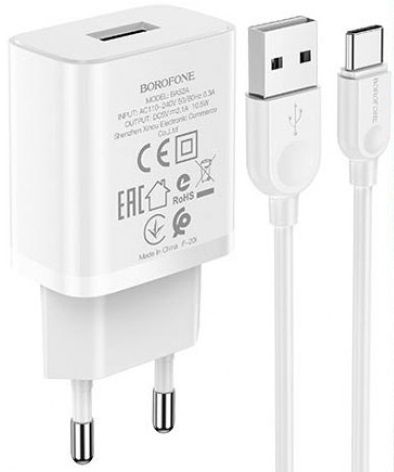 Зарядний пристрій Borofone BA52A Gamble (1USB 2.1A) White (BA52ACW) + кабель Type-C