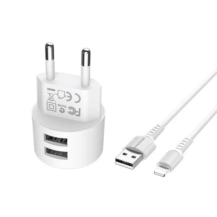 Мережевий зарядний пристрій Borofone BA23A Brilliant (2USB, 2.4А) White (BA23ALW) + кабель Lightning