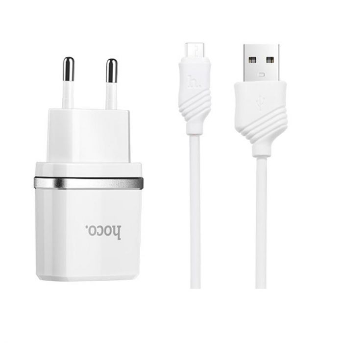 Мережевий зарядний пристрій Hoco C12 (2USB, 2.4А) White (C12MW) + кабель MicroUSB