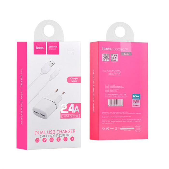 Мережевий зарядний пристрій Hoco C12 (2USB, 2.4А) White (C12MW) + кабель MicroUSB