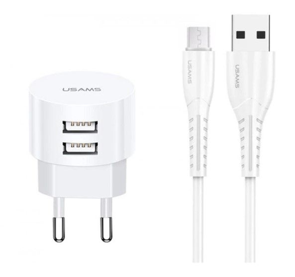 Мережевий зарядний пристрій Usams T20 (2USB, 2.1А) White (XTXLOGT18MC05) + кабель MicroUSB