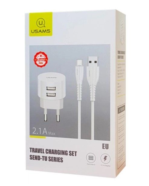 Мережевий зарядний пристрій Usams T20 (2USB, 2.1А) White (XTXLOGT18MC05) + кабель MicroUSB