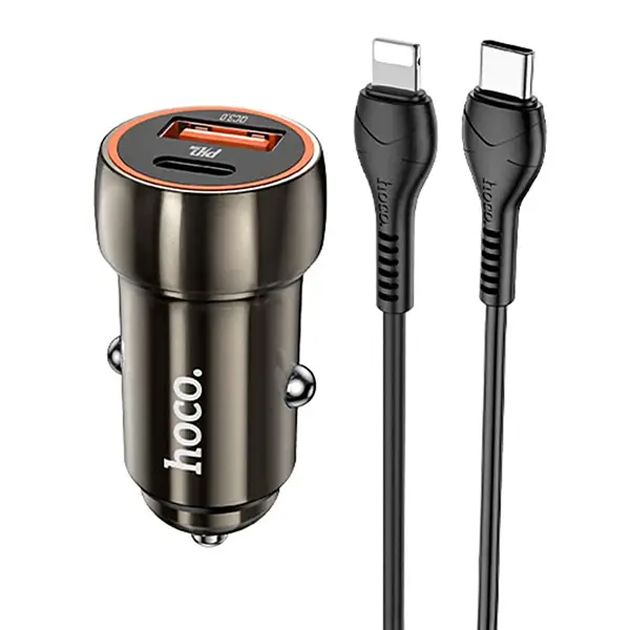 Автомобільний зарядний пристрій Hoco Z46A (1USB 3A 18W QC3.0  + PD 1Type-C 20W) Grey (S25722) + кабель Lightning