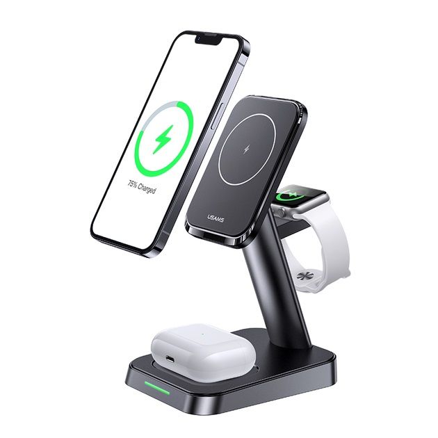 Бездротовий зарядний пристрій Usams US-CC150 3in1 Magnetic Wireless Charging Stand 20W Black (CC150WXC01)