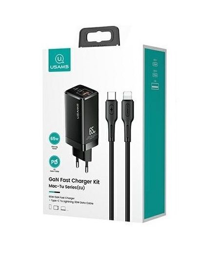 Мережевий зарядний пристрій Usams US-CC110 (1USB, 2USB Type-C) 65W PD + QC3.0 Black (MTXLOGTL01) + кабель USB-C - Lightning