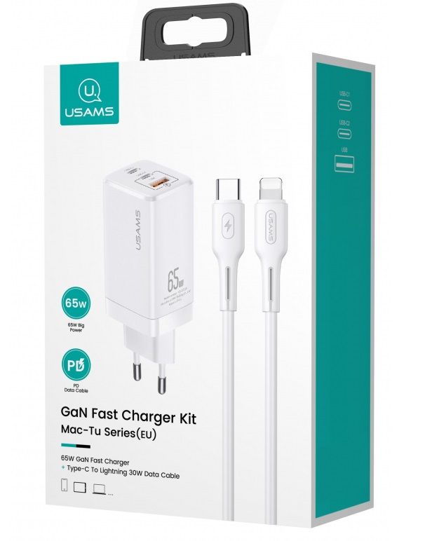 Мережевий зарядний пристрій Usams US-CC110 (1USB, 2USB Type-C) 65W PD + QC3.0 White (MTXLOGTL02) + кабель USB-C - Lightning