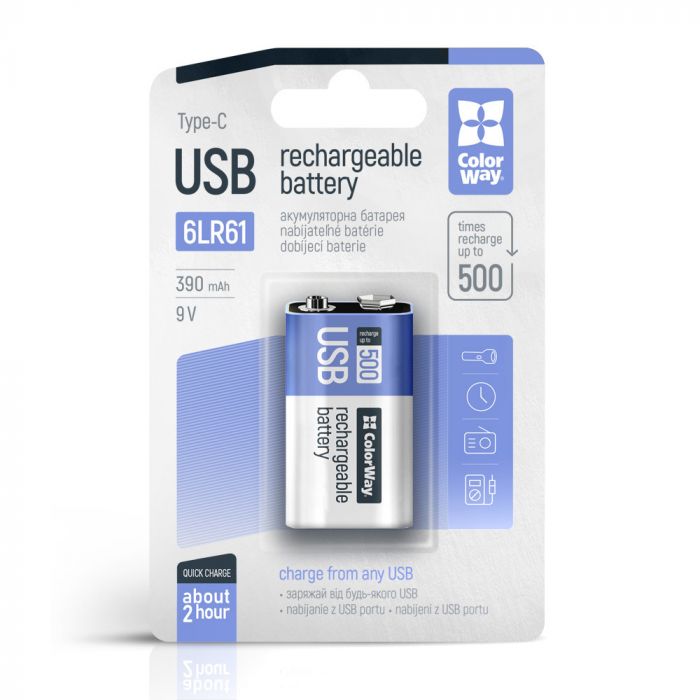 Акумулятор USB-C ColorWay (CW-UB9V-06) Крона Li-Pol 390 mAh BL