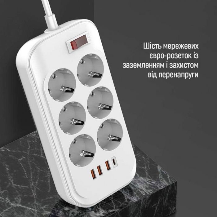 Фільтр живлення ColorWay CW-CHE64PDW 6 розеток, 4USB (Type-C PD20W + 3USB QC3.0) (38W), 2м, White