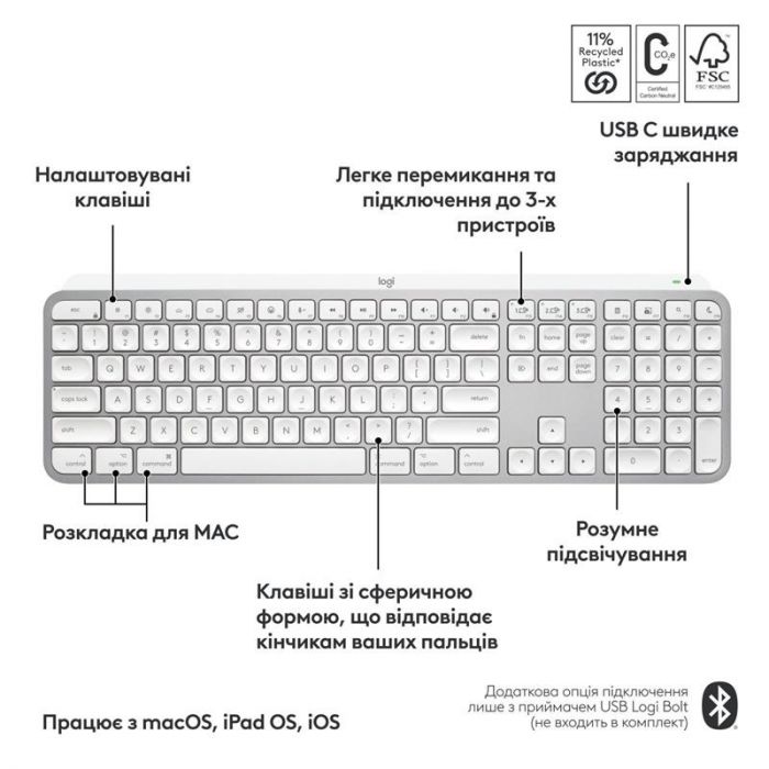 Клавiатура бездротова Logitech MX Keys S for Mac Pale Grey (920-011638)