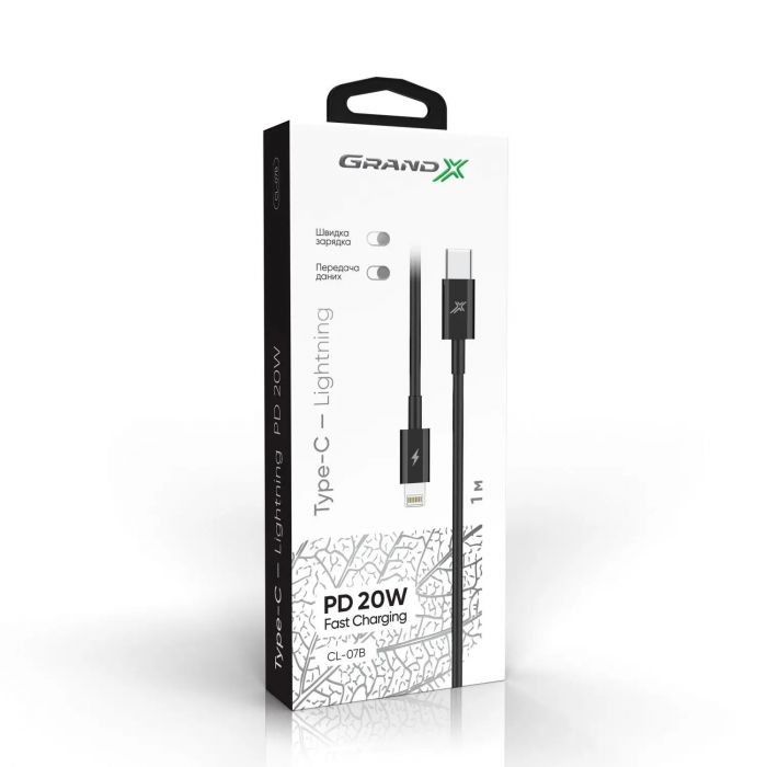 Кабель Grand-X Lightning - USB Type-C 20W, 1м, Black (CL-07B)