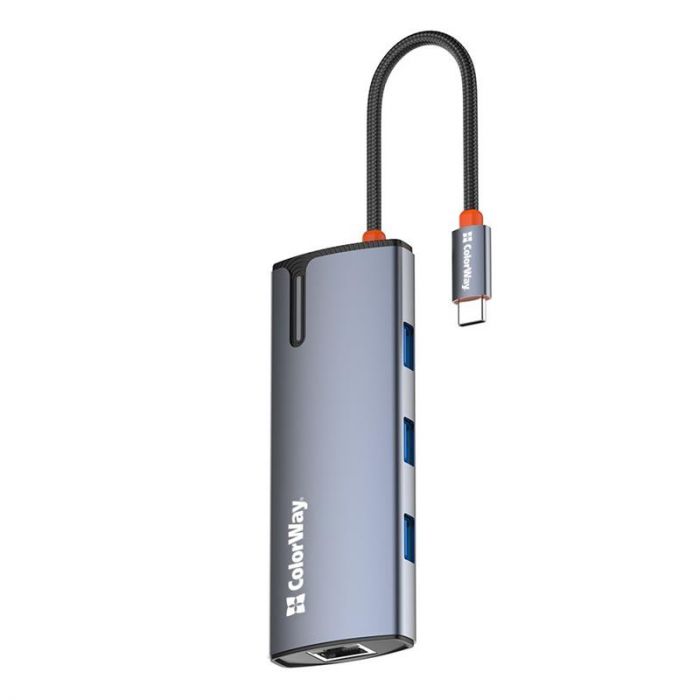 Док-станція СolorWay USB-C 6-в-1 Type C PD 100W/USB3.0х3/HDMI 4К/RJ45 (CW-HUB02)