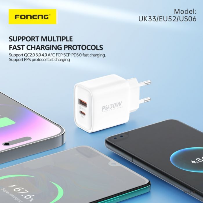 Мережевий зарядний пристрій Foneng PD30W (1xUSB, 1xType-C) White (EU52-CH)