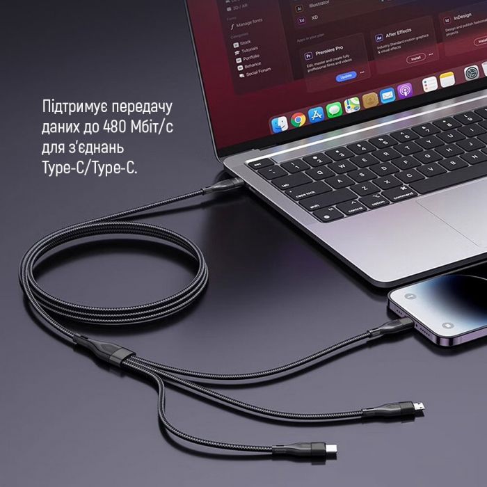 Кабель ColorWay Lightning + micro USB + USB Type-C (M/M), 3.0 А, 1.2 м, Black (CW-CBPDU3060-BK)