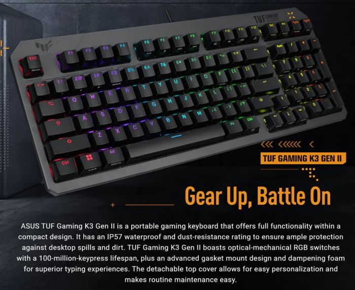 Клавiатура Asus TUF Gaming K3 Gen II Opti-Mech RGB 97key Switches ABS Black (90MP0390-BKMA00)