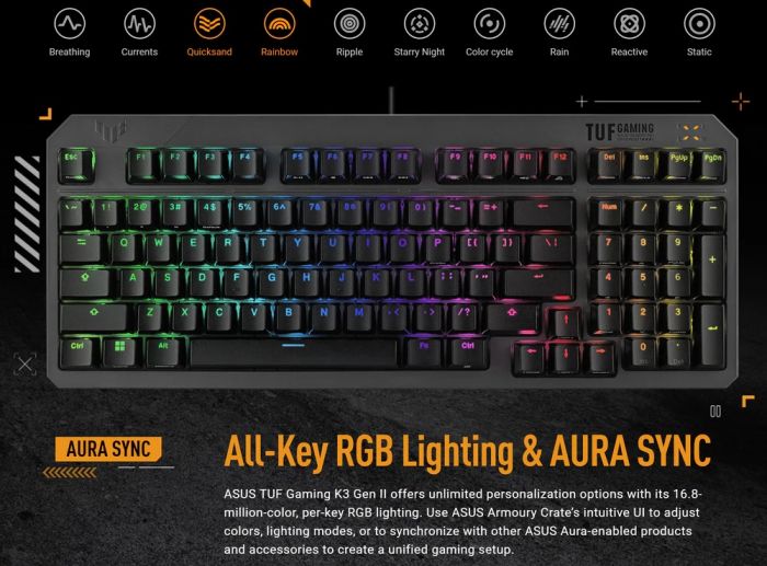 Клавiатура Asus TUF Gaming K3 Gen II Opti-Mech RGB 97key Switches ABS Black (90MP0390-BKMA00)