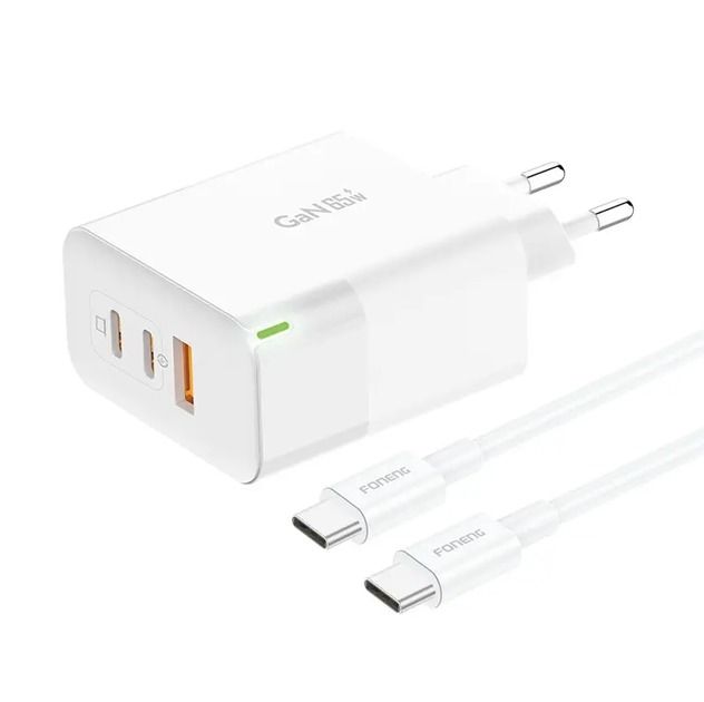 Мережевий зарядний пристрій Foneng USB-A 2xUSB-C GaN 65W White (GAN65) + кабель USB-C