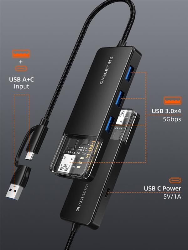 Концентратор Cabletime USB C/A - 4 Port USB 3.0, 5Gbps, 0.15 m (CB05B)