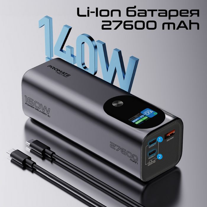 Універсальна мобільна батарея Promate Titan-160 140W 27600mAh Gray