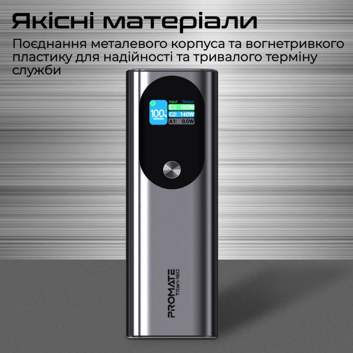 Універсальна мобільна батарея Promate Titan-160 140W 27600mAh Gray