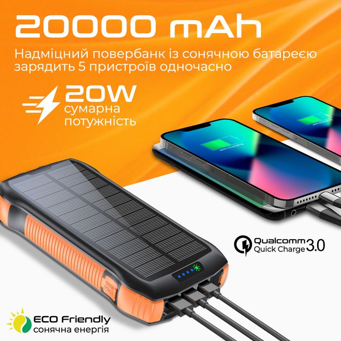 Універсальна мобільна батарея Promate SolarTank-20PDQI 20W 20000mAh Black 