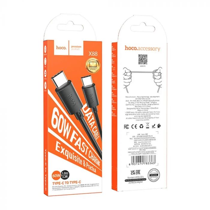 Кабель Hoco X88 Gratified 60W USB Type-C - USB Type-C (M/M), 1 м, Black (6931474783363)
