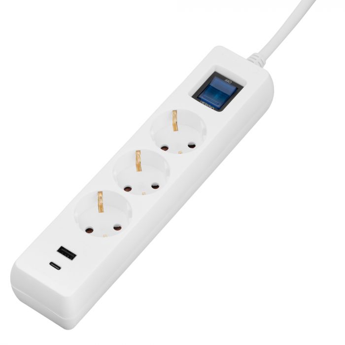 Мережевий фільтр 2E 3хSchuko, 1 х USB, 1 x USB-C, 3 м (2E-SP315M3USBWH)
