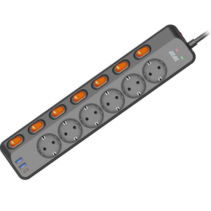 Мережевий фільтр 2E 6xТипF, 16A, 2xUSB-A, 1x USB-C, 3 м, чорний (2E-SP6M3SWBK)