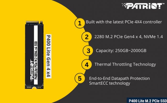 Накопичувач SSD 2TB Patriot P400 Lite M.2 2280 PCIe NVMe 4.0 x4 3D TLC (P400LP2KGM28H)