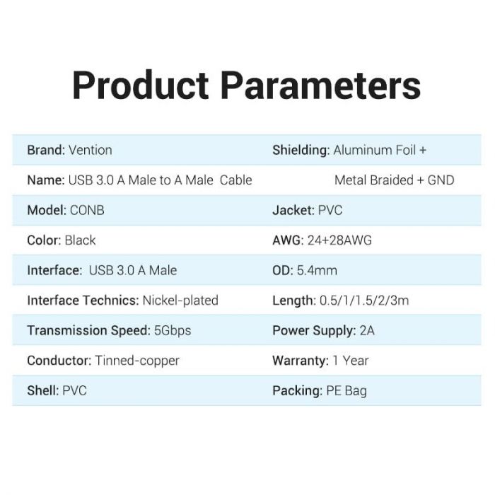 Кабель Vention USB - USB V 3.0 (M/M), 0.5 м , Black (CONBD)