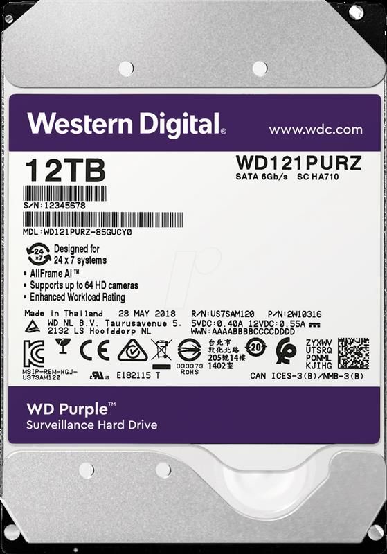 Накопичувач HDD SATA 12.0TB WD Purple 7200rpm 256MB (WD121PURZ)