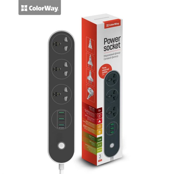 Фільтр живлення СolorWay (CW-CHU33B) 3 розетки, 3xUSB, 1.8м, Black