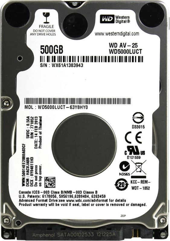 Накопичувач HDD 2.5" SATA  500GB WD AV-25 16MB 5400rpm (WD5000LUCT) Refurbished