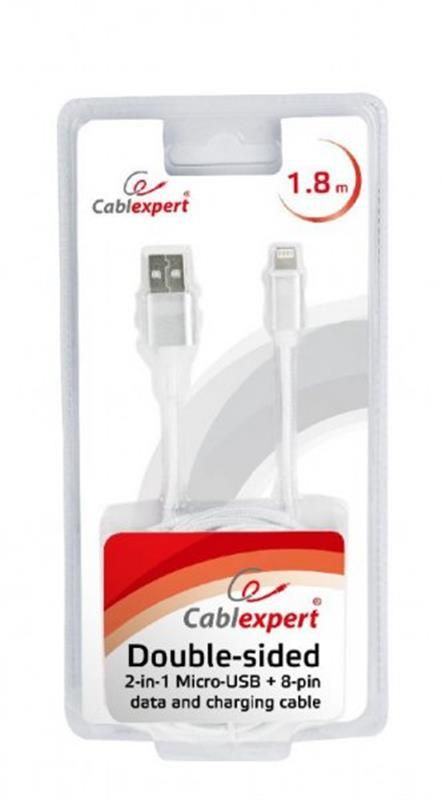 Кабель Cablexpert (CCB-USB2AM-mU8P-6) USB2.0 - Lightning+MicroUSB, 1.8 м, сірий