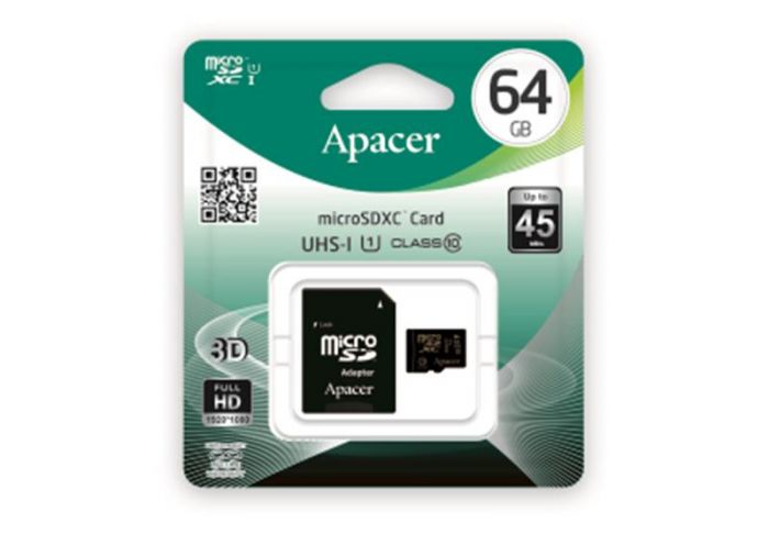 Карта пам`ятi MicroSDXC 64GB UHS-I Class 10 Apacer + SD adapter (AP64GMCSX10U1-R)