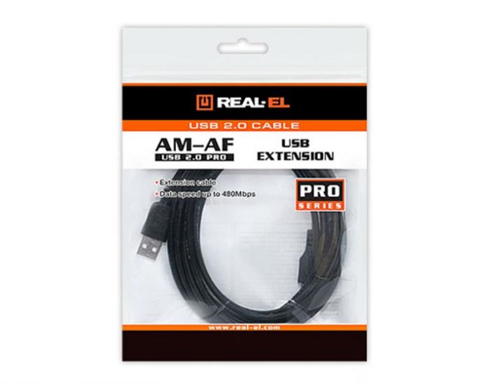 Кабель REAL-EL Pro USB - USB V 2.0 (M/F), 2 м, чорний (EL123500028)