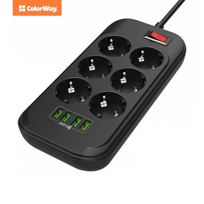 Фільтр живлення СolorWay (CW-CHE64B) 6 розеток, 4xUSB, 2м, Black