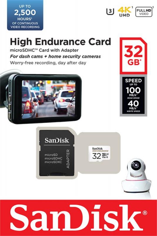 Карта пам`ятi MicroSDXC 32GB UHS-I/U3 Class 10 SanDisk High Endurance R100/W40MB/s + SD-adapter (SDSQQNR-032G-GN6IA)