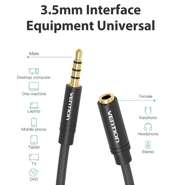 Кабель Vention Audio 3.5 мм - 3.5 мм (М/F), 2 м, чорний (VAB-B06-B200-M)