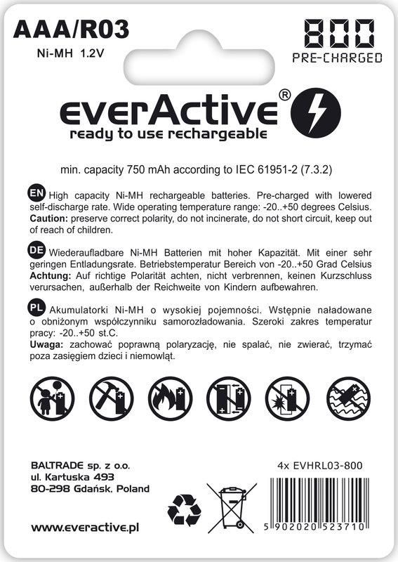 Акумулятор everActive AAA/HR03 Ni-MH 800mAh BL 4шт