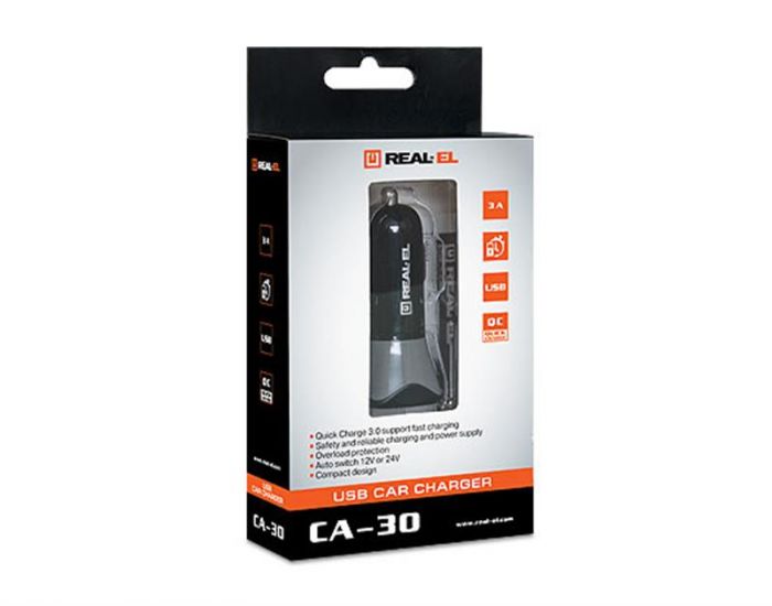 Автомобільний зарядний пристрій REAL-EL CA-30 QC3.0 (1USBx3A) Black/Grey