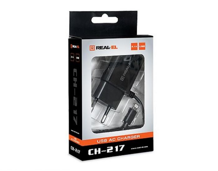 Мережевий зарядний пристрій REAL-EL CH-217 (2USB, 2.1A) Black + кабель Lightning