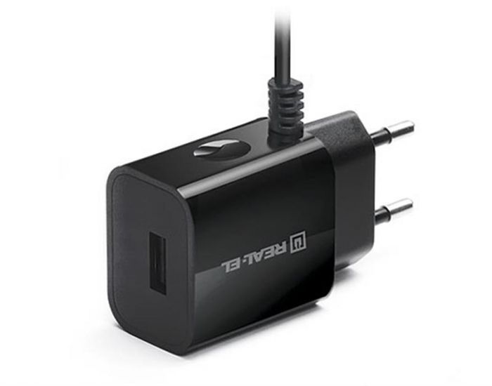 Мережевий зарядний пристрій REAL-EL CH-215 (2USB, 2.1A) Black + кабель microUSB