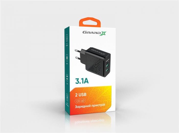 Мережевий зарядний пристрій Grand-X (2xUSB 3.1А) Black (CH-60)