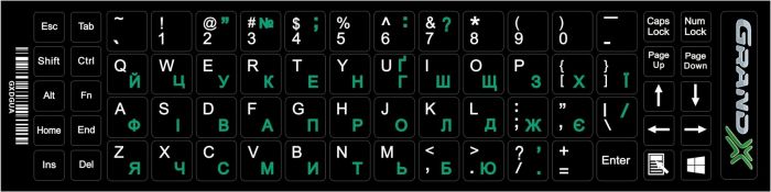 Наліпка на клавіатуру Grand-X 68 keys Green, Latin Ukr white (GXDGUA)