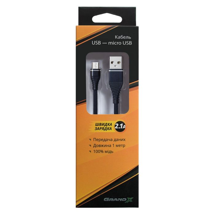 Кабель Grand-X USB - micro USB (M/M), Cu, 2.1 A, 1.2 м, Black (NM012BK)