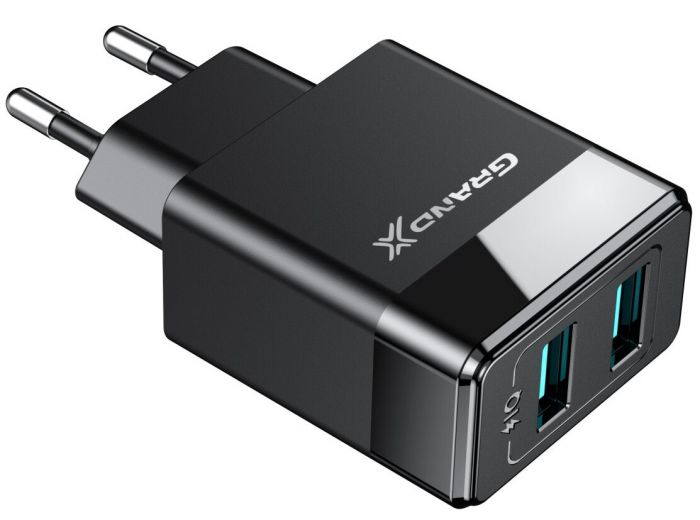 Мережевий зарядний пристрій Grand-X (2xUSB 2.4А) Black (CH-50)