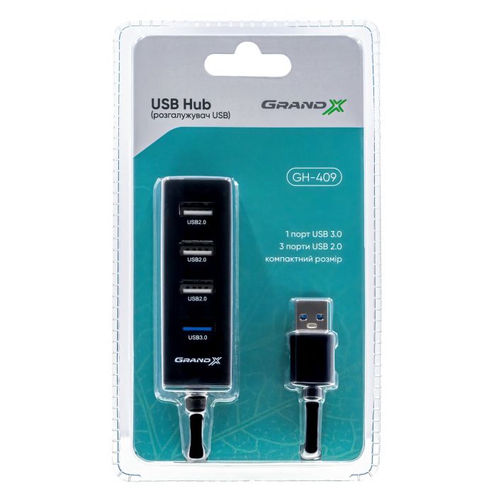 Концентратор Grand-X Travel GH-409, 1хUSB3.0+3хUSB2.0, Black