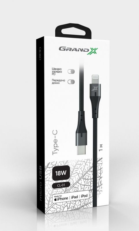 Кабель Grand-X USB-C-Lightning MFI, Power Delivery, 18W, 1м, Gray (CL-01)