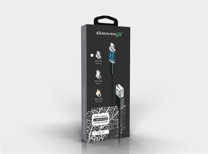 Кабель Grand-X USB-Lightning, магнітний, 1м, Black (MG-01L)